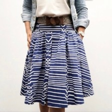 Anthropologie Maeve Pleated Cotton A-Line Circle Skirt Blue White Print 2 Retro