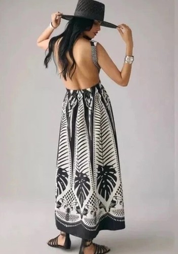 ANTHROPOLOGIE FARM RIO MACAW ELEGANCE BLACK PRINT BACKLESS MAXI DRESS SIZE XL