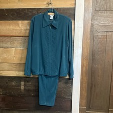 Vintage Alfred Dunner Green Pant Suit Size 12 Zippered Jacket Pants