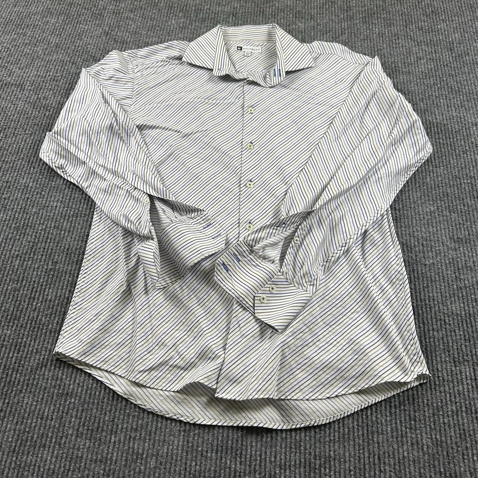 Bachrach Mens L 16 1/2 - 41/42 Button Up Shirt Blue Brown Striped French Cuff - Image 3 of 4