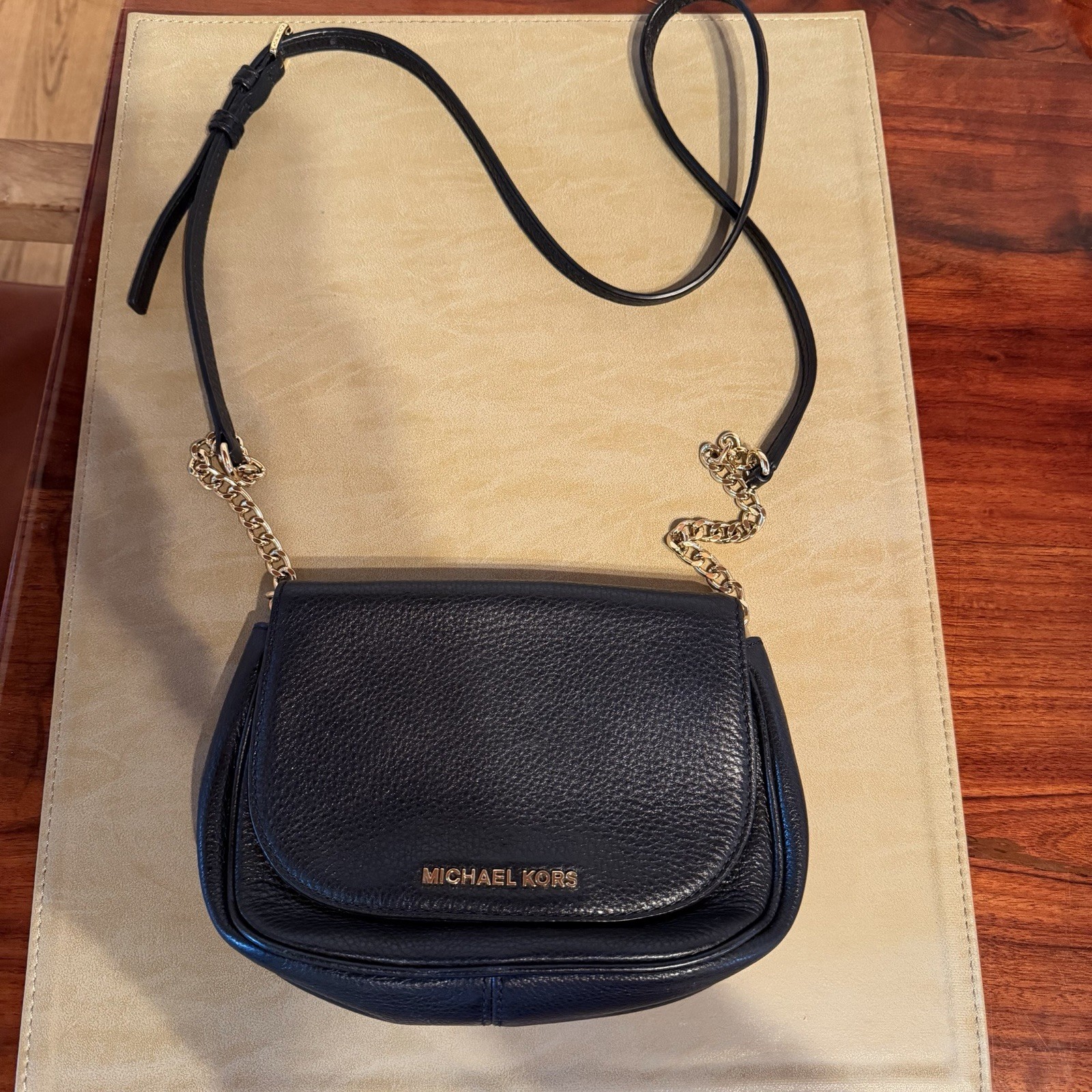 Michael Kors Small Black Pebbled Shoulder Bag Gold Hardware Chain Strap