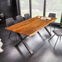 Massivholz Esstisch Mammut Nature 180Cm Akazie Baumkante X-Gestell Schwarz 2,5Cm
