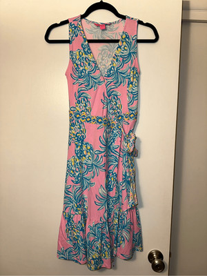 Lilly Pulitzer XXS Misha Sleeveless Wrap Dress Pelican Pink Pineapple Print