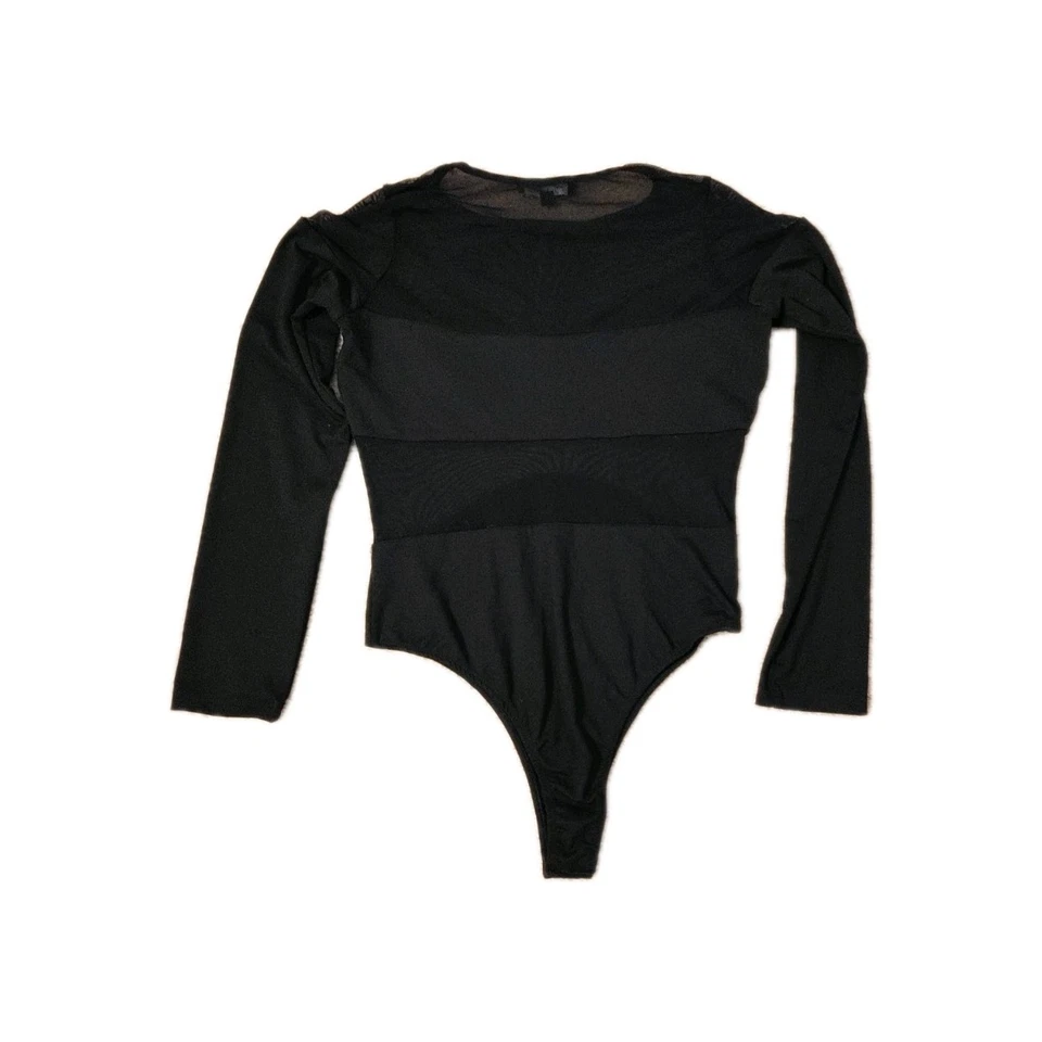 Lulus Bodysuit Thong Long Sleeve Black Mesh Panel Cutouts Snap Bottom Size Large - Image 3 of 4