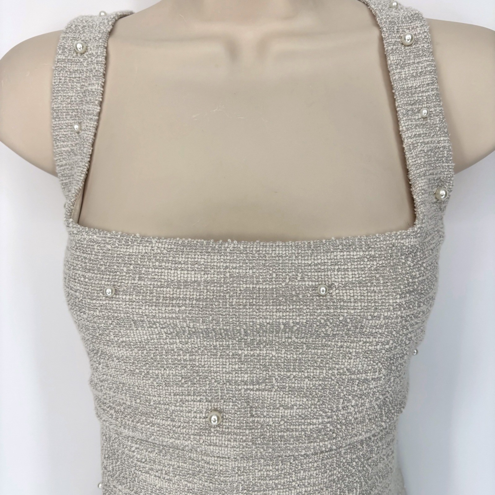 NWT H&M Cream Gold Metallic Mini Dress Square Neck Pearl Accents Pullover Sz M thumbnail 2