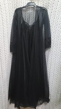 Vintage Sheer Lace Nightgown Robe Set Women Medium Black Long Lingerie Sleepwear