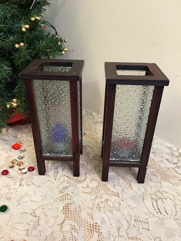 2 Clear Glass Candle Holders - Lantern- Hurricane- tea light - 9x4”