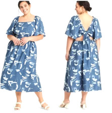 A NEW DAY Blue Swirl Print Open Tie Back Midi Dress Flutter Sleeves Size L