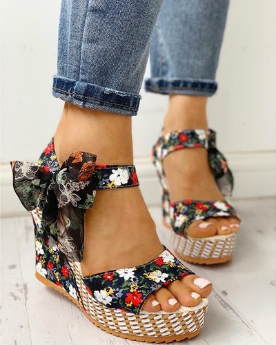 Womens Flower Print Ankle Buckle High 