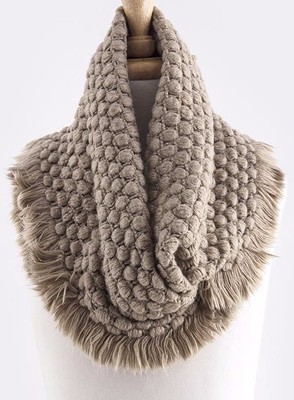 Soft Bubble Texture Beige Brown Fringe Infinity Cowl Scarf B9