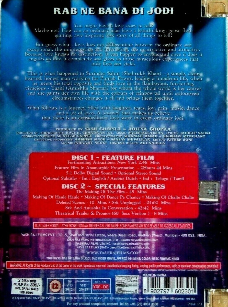 Rab Ne Bana Di Jodi (DVD-2009, 2-Disc) Shah Rukh Khan. 