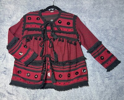 Dodo Bar Or Jacquard Red/Black Top Embroidered Tassels Tie Front Closure Size S
