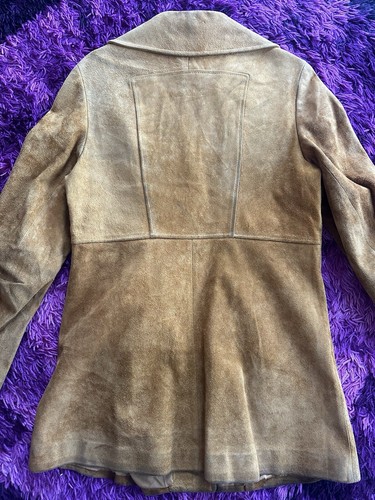 Vintage Unisex 60s 70s Tan Suede Biker Jacket with large Dagger Collar Mod Psych - Picture 9 of 11