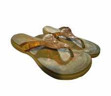 Women s Brown/Beige Thong Slip On Flat Sandals Button Accent Solid Casual
