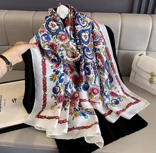 Large White Floral Paisley Silk-Feel Scarf Shawl 180x80cm Elegant Wrap  Gift