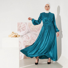 Women’s Teal Solid Maxi Dress L Crew Neck Puff Long Sleeve Elastic Waist