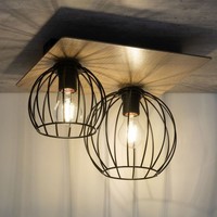 Deckenlampe Schwarz Natur 2X E27 Holz Metall Deckenleuchte Wohnzimmer KüChe