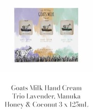 Goats Milk Hand Cream Trio Lavander, Manuka, Honey Coconut 3 x 125 ml.