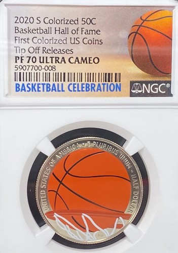 2020S BASKETBALL HALL OF FAME COMMEM. HALF COLORIZED TIPOFF RELEASE NGC PF70 UC