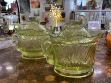 Westmorland Swan Vaseline Glass Cream and Sugar Set Vintage Excellent Condition