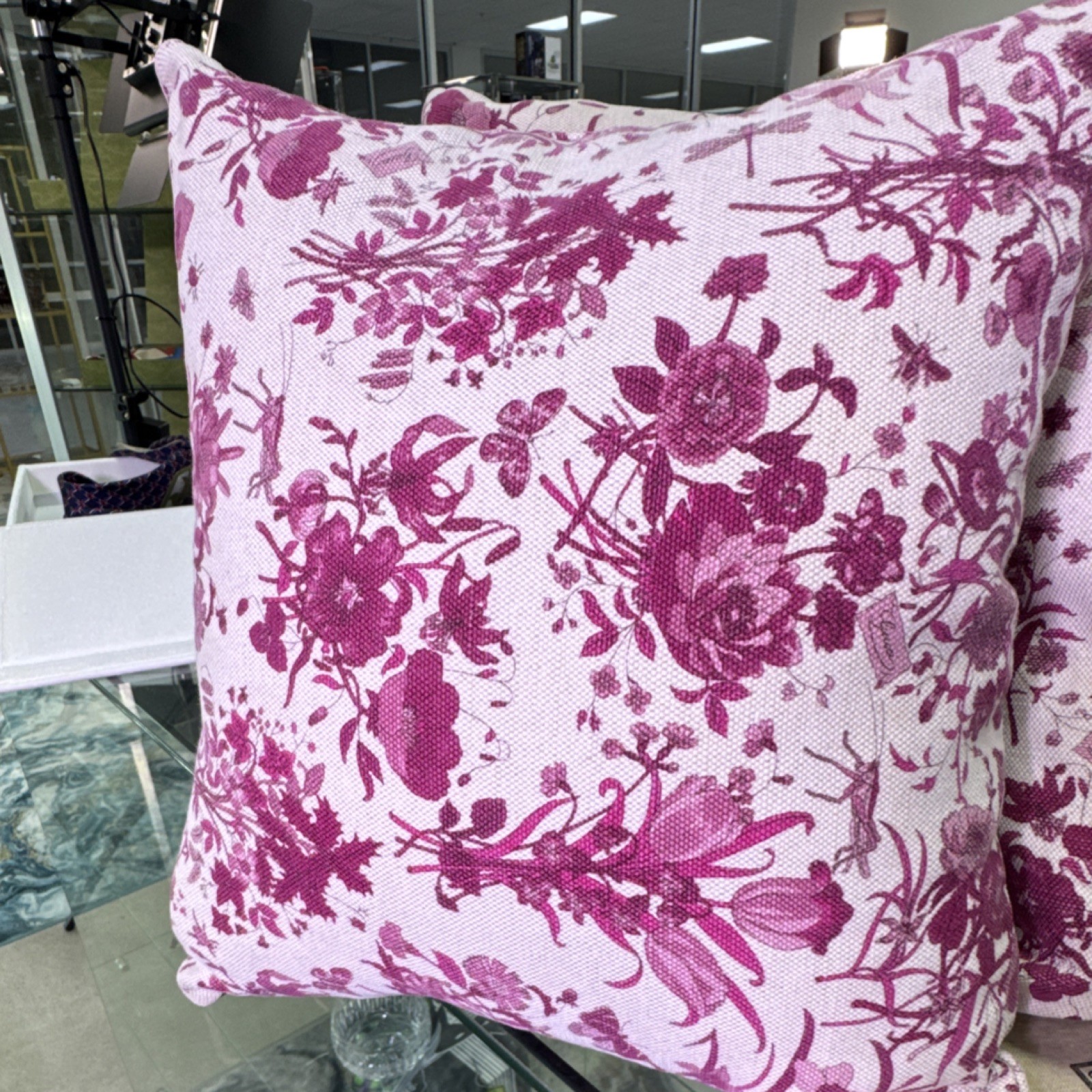 Gucci Pink Purple White Floral Decorative Square Throw Pillow with Zip Closure thumbnail 4