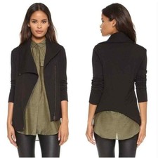Helmut Lang L Black Villous Asymmetric hemline stretch Knit Jacket zip up moto