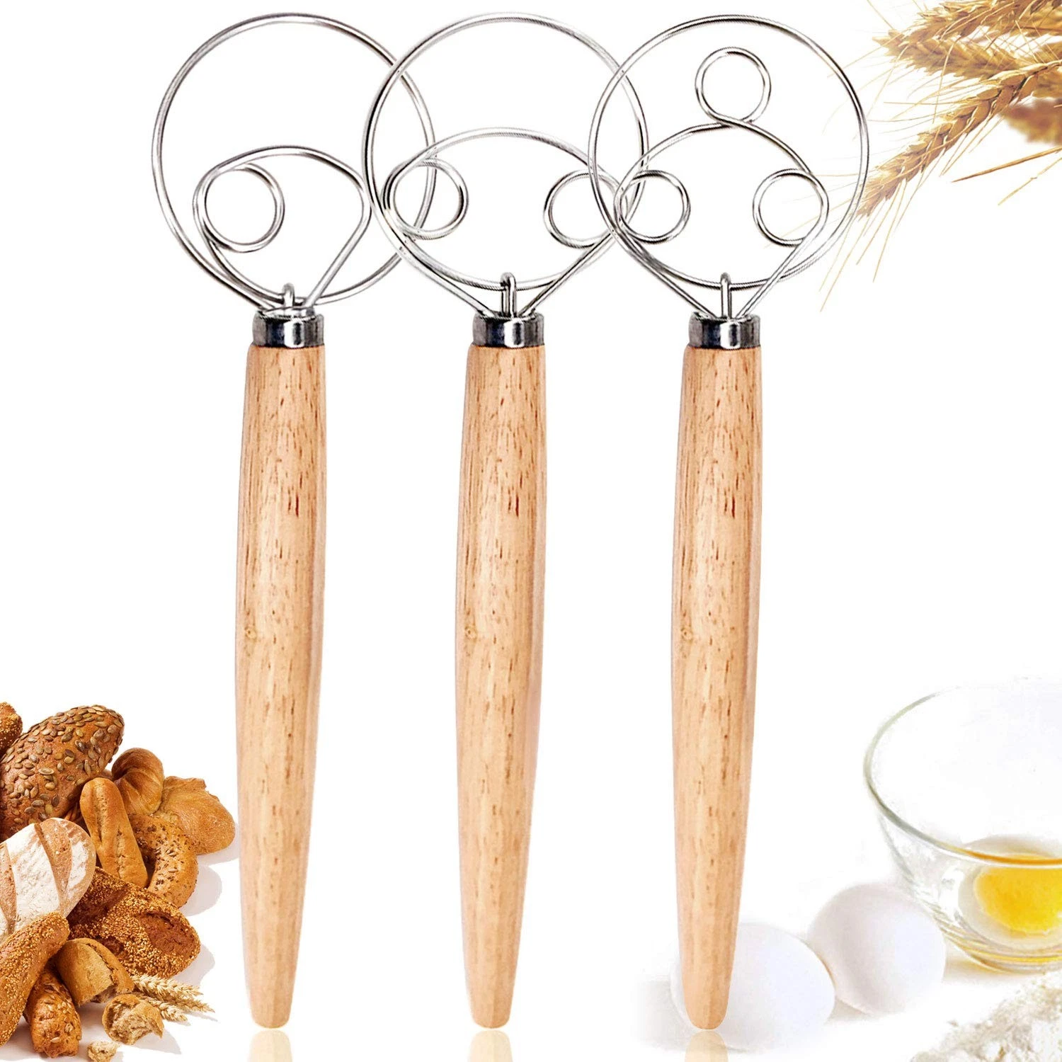 3PCS Danish Dough Whisks, Premium Mixing Whisk Tools for Kitchen Baking Woode...