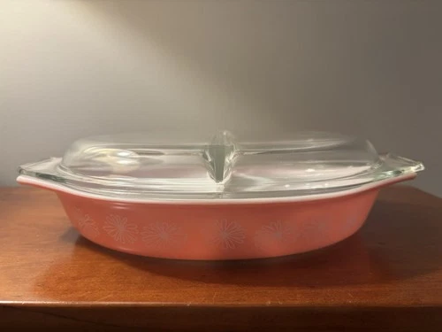 Vintage Pyrex Pink Daisy 945 Divided Casserole Dish w Lid 945-C-14 Large MCM