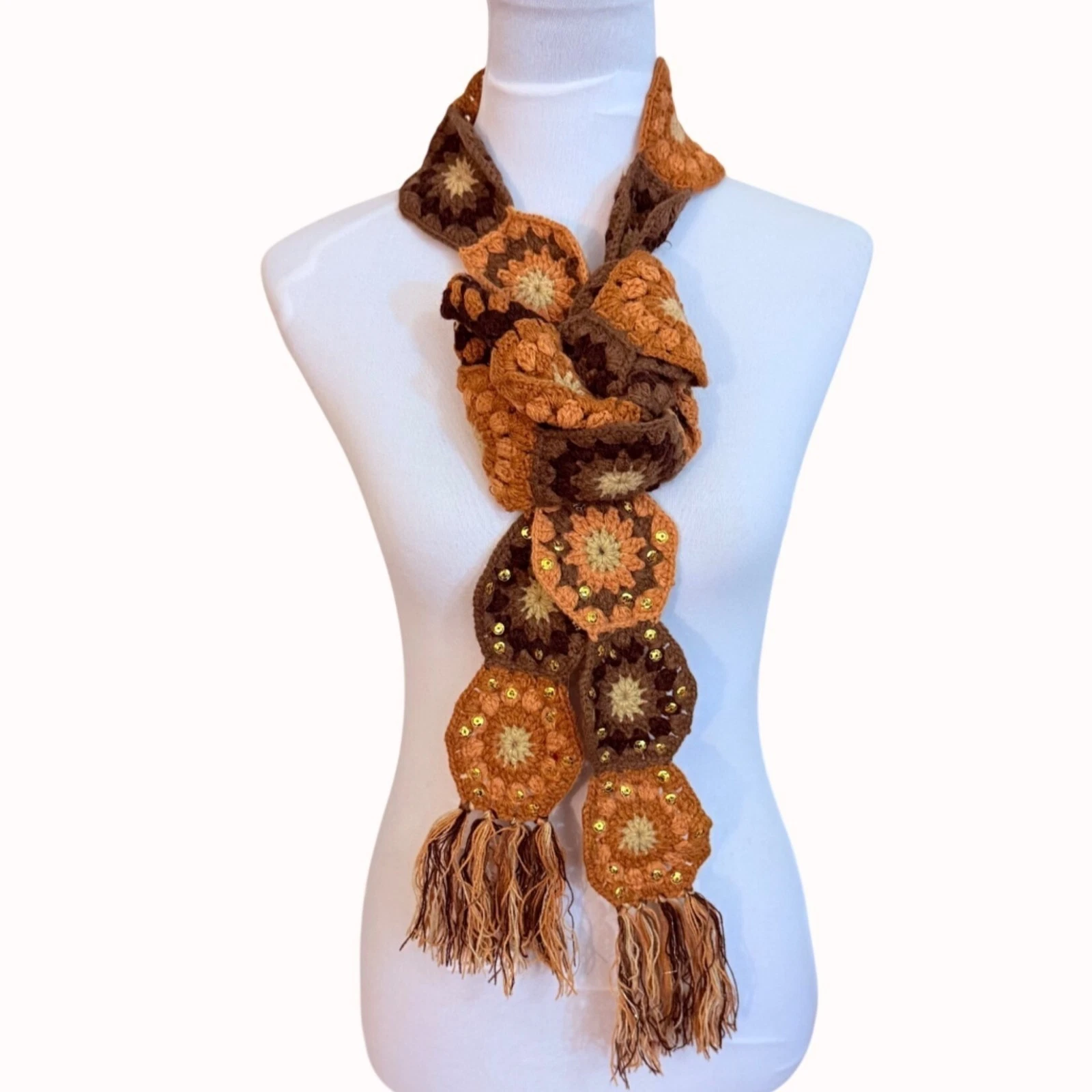 Anne Klein Crochet Scarf Floral Granny Hexagon Fringe Boho Earth Tone Handmade