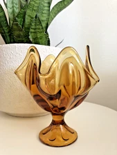 Vintage VIKING GLASS Amber MCM Swung EPIC 6 Petal HANDKERCHIEF Compote PEDESTAL