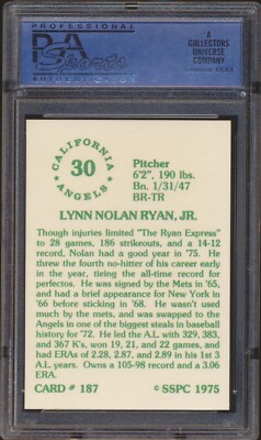 1975 SSPC Nolan Ryan #187 HOF California Angels PSA 9 MINT DEAD