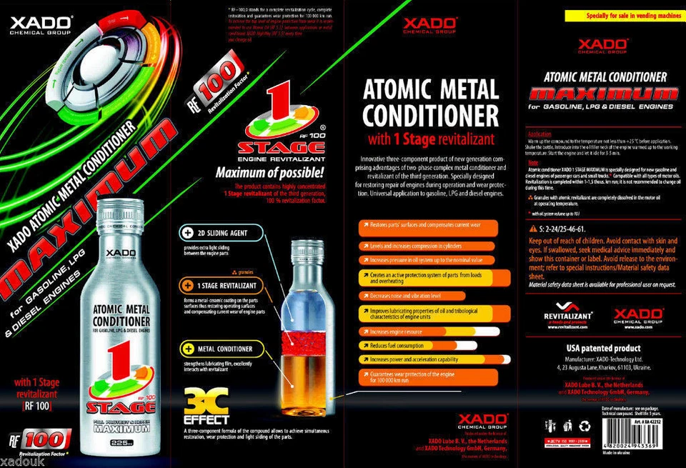 XADO Engine Oil Additive 1 Stage Maximum Engine Repair & Wear Protection Patent - Image 2 of 4