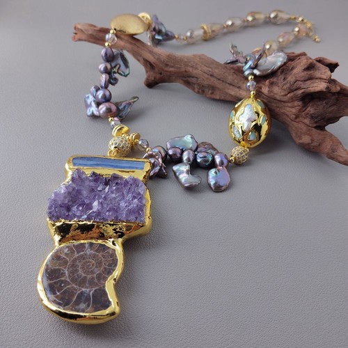Real Black Keshi Pearl Choker Kyanite Amethyst Druzy Pendant Necklace - Imagen 3 de 8