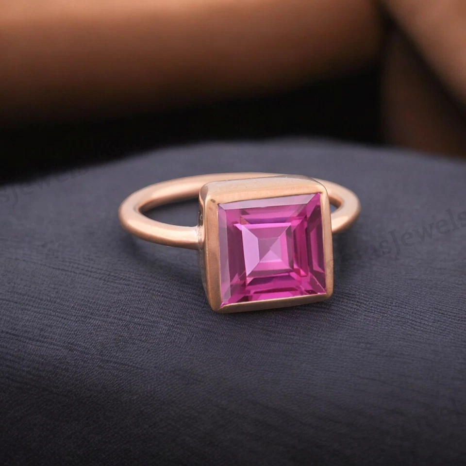 925 Sterling Silver 10x10 mm Square Shape Natural Ruby Ring Yellow Gold plated - Image 2 of 4