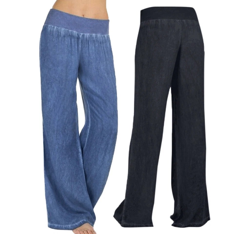 Jeans A Gamba Larga Da Donna Pantaloni Larghi In Denim Elasticità A Vita ☆ - Immagine 2 di 4