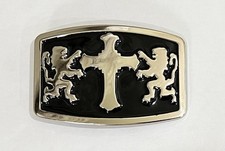 Mens Belt Buckle Black Silver With Double Lions and Cross 4x3  Vintage