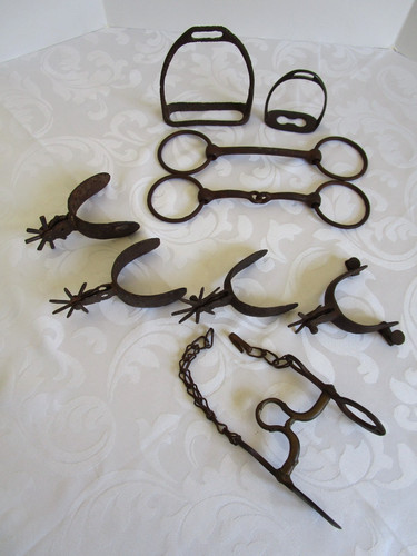 Vintage Cast Iron Spurs HORSE BITS STIRRUPS LOT ? MEXICAN, CHARRO ETCHED ?1800'S