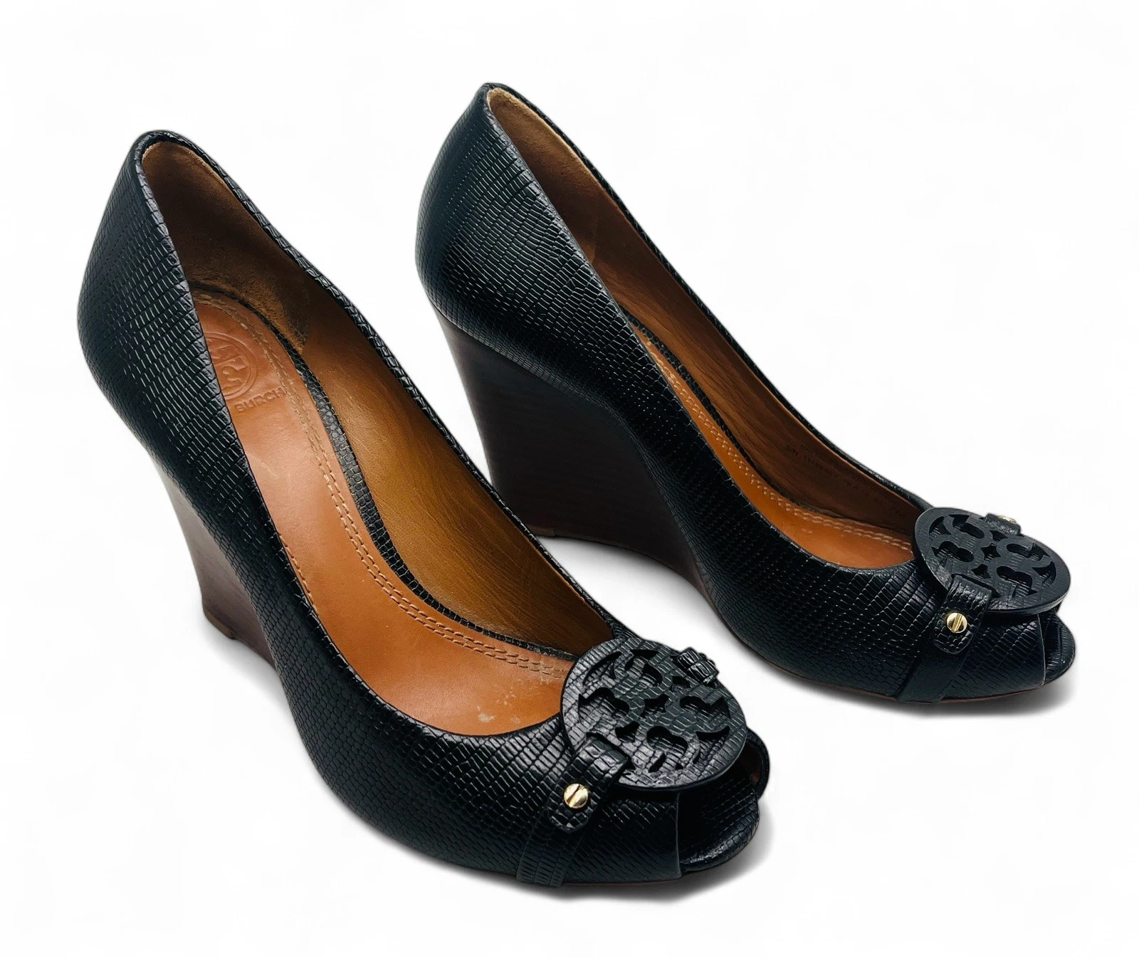 Scarpe décolleté Tory Burch Sally Peep Toe donna 7M nere pelle ciottolata tacco zeppa