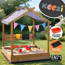 Keezi Kids Sandpit Wooden Sandbox Sand Pit with Canopy Water Basin Toys 146cm