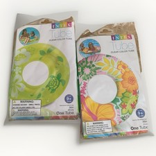 Set 2 Pool Tube Ring Turtles Flower Inflatable Clear Swimming Raft 36" Intex