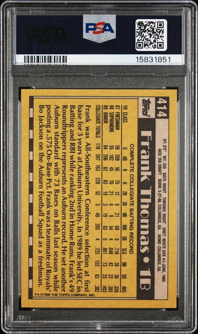 1990 TOPPS FRANK THOMAS #414 ROOKIE RC - PSA 10 - NICE!!! view 2