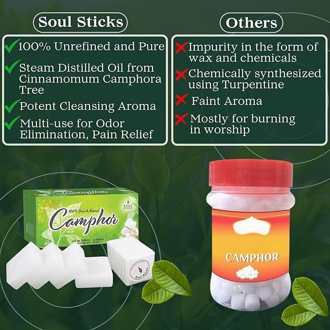 56g Natural Camphor Tablets – Soul Sticks Camphor Blocks (Pack of 12)