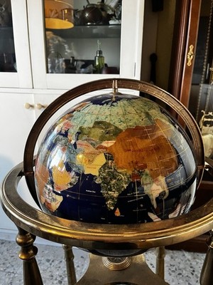 RARE Italian Gemstone Globe Florence 40cm+ Semi-Precious Stones Brass Stand 