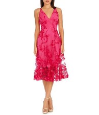 Dress the Population Women’s L Audrey Midi Plunging Floral Lace Dress Pink NEW
