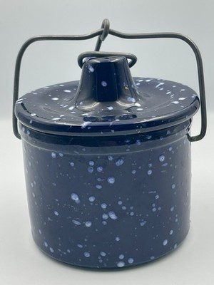 Crock Cheese Butter Dark Blue Speckled Spatterware Stoneware w/wire Lid