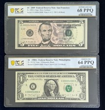 1988/2009 $1/$5 Matching Serial 00004380 2 Notes Matching PCGS Graded 64/68