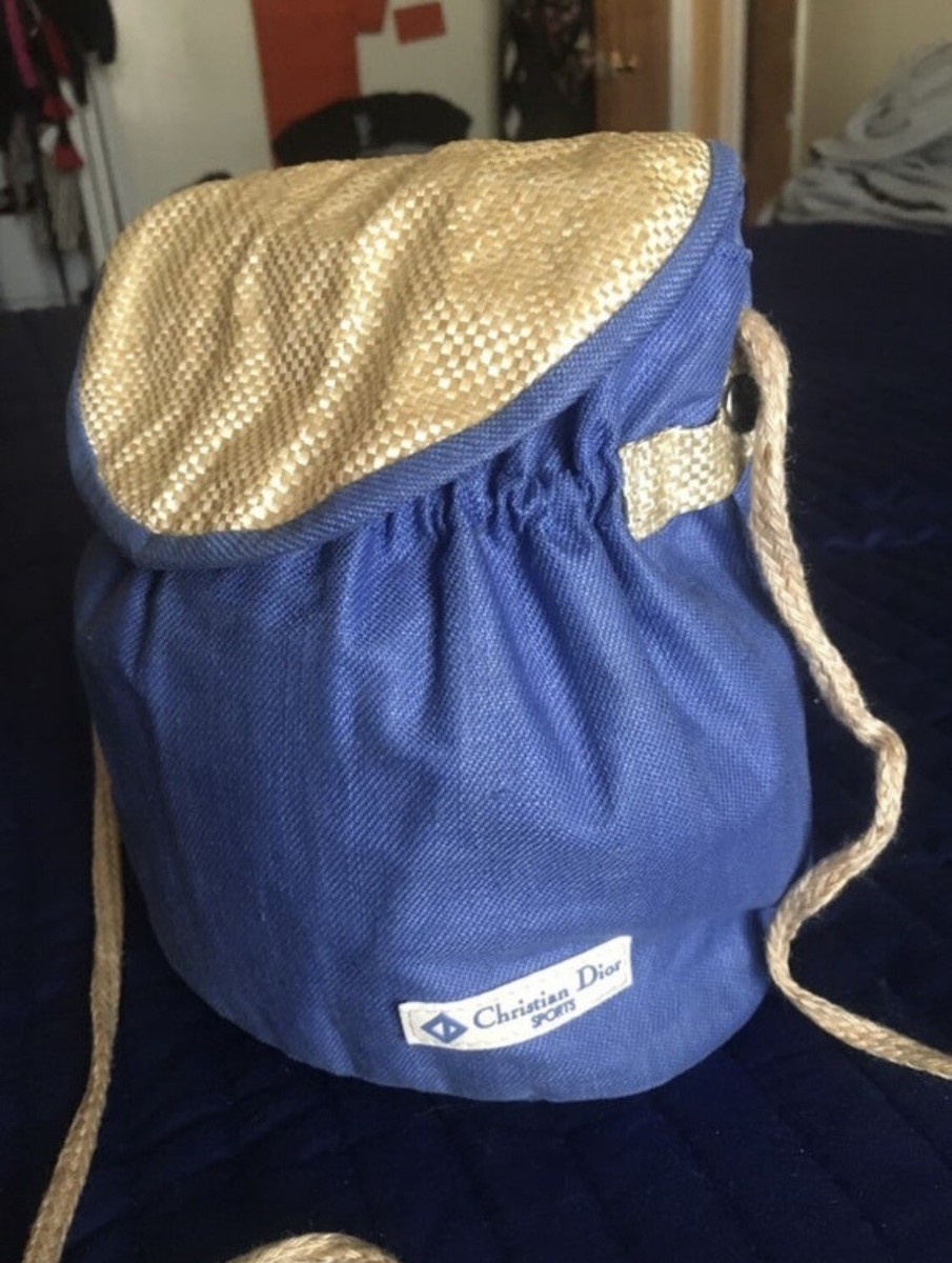 Vtg rare Christian Dior blue denim/linen/gold raffia wicker bag