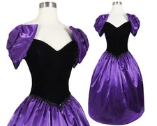 Vintage 80s Black Velvet Purple Satin Full Skirt Sequin Bows Prom Party Dress XS