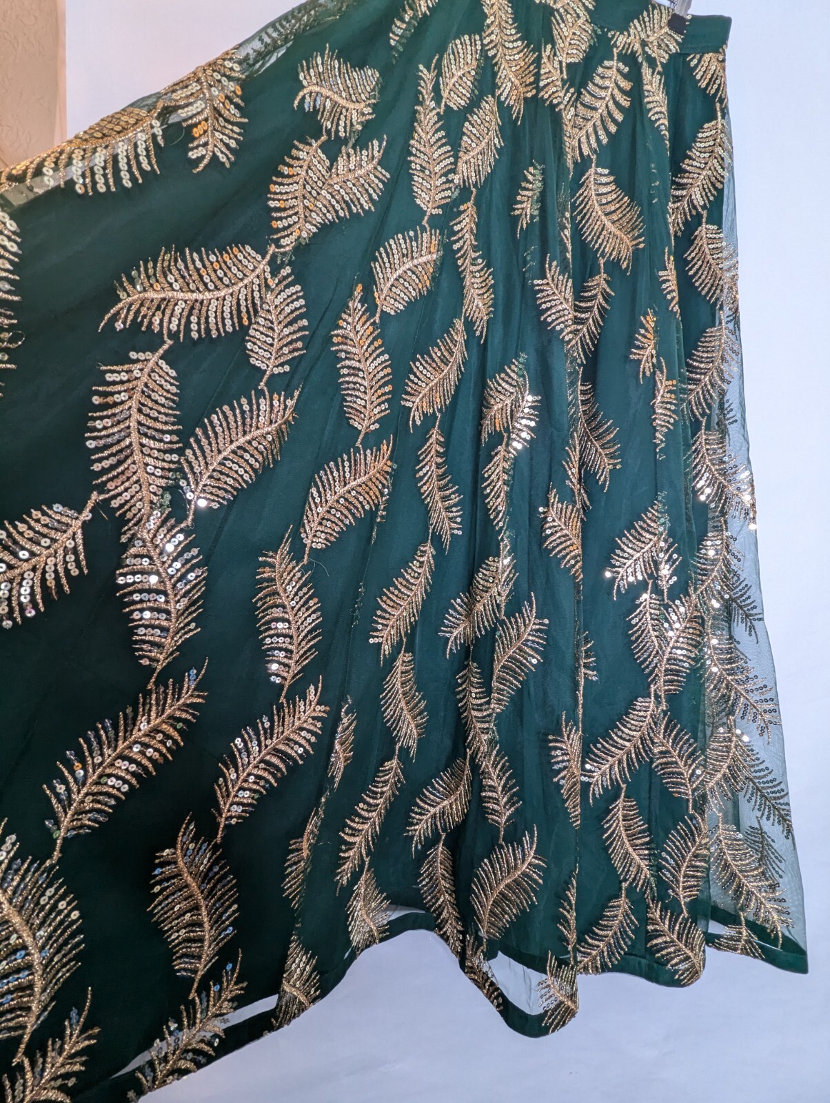 The Saree Room Skirt Wrap Large Sari Lehenga Green Gold Feather Embroidery Maxi 4