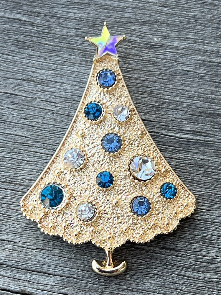 Christmas Tree Rhinestone Brooch Pin Aqua Blue Clear Crystal Glass Vintage Star